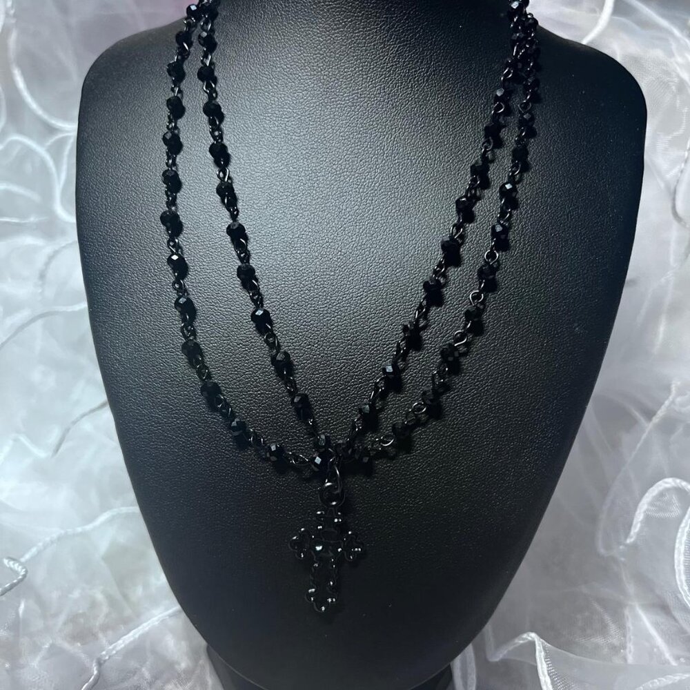 Black Beaded Layered Necklace • Rosary Style • Cross Pendant • Gothic Y2K